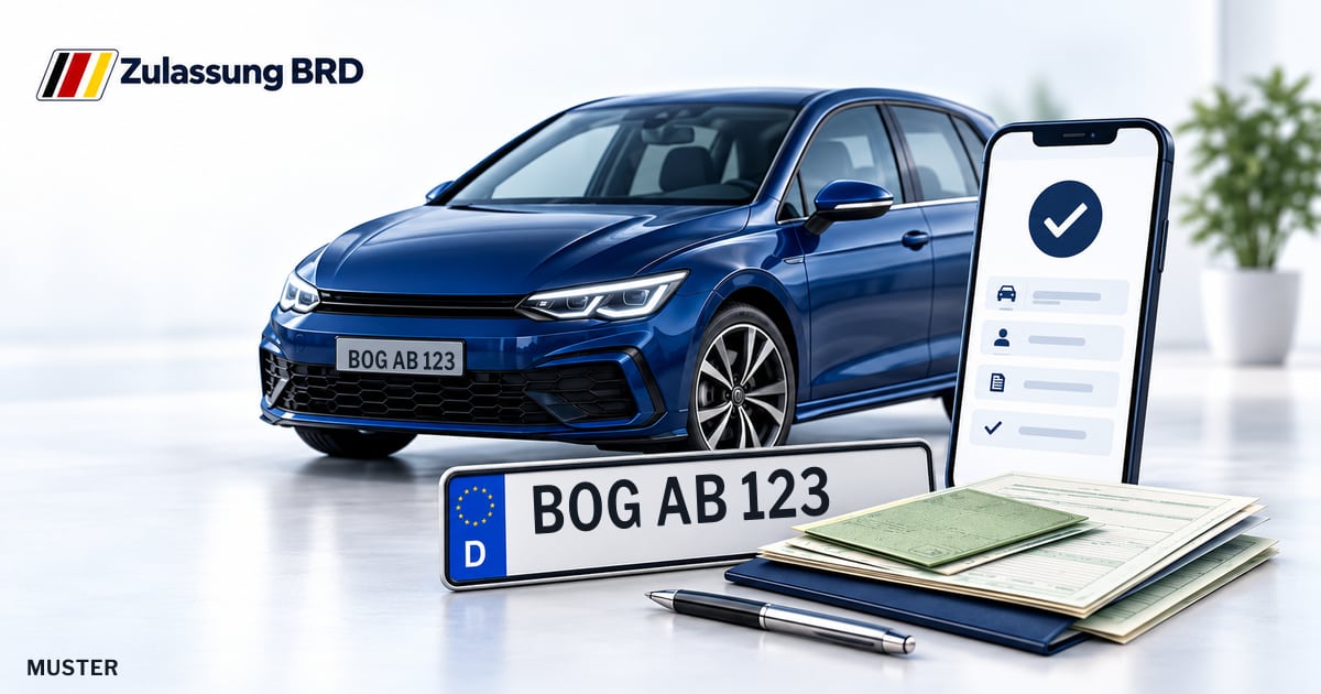 Online Fahrzeugzulassung in Bogen: Musterkennzeichen BOG AB 123, Auto und Fahrzeugpapiere und Smartphone. Illustration mit Logo von Zulassung BRD.